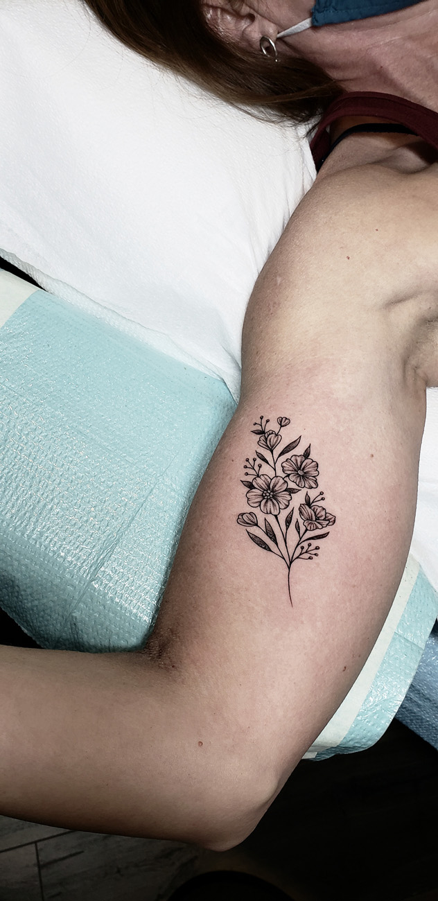 Black and Gray, Fine Line, Flower, Linework tattoo by Lacey McClellan